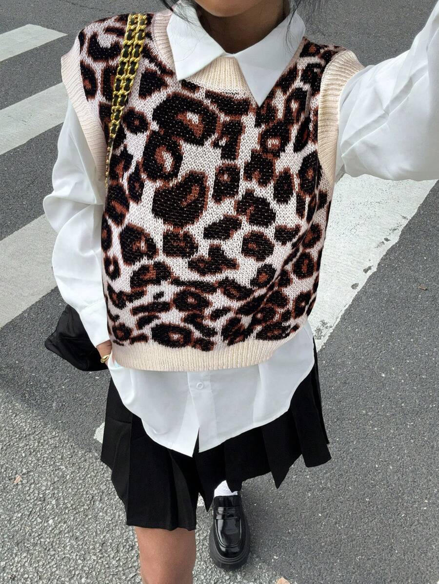 SHEIN Frenchy 女士休闲豹纹撞色滚边宽松针织背心（不含衬衫），适合秋冬季上学穿着 - 彩色 - 查看 1