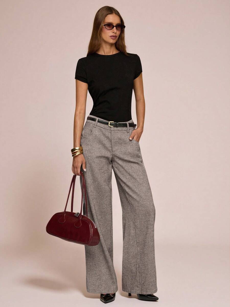 SHEIN BAE Quần ống đứng đơn sắc thường ngày có túi dành cho nữ - màu nâu - Xem 1