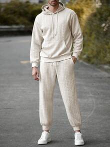 Manfinity Homme 男士秋季长袖连帽卫衣，带口袋和抽绳，搭配运动裤套装，男士针织套装，男士套装，奶油色男士服装，男士家居服套装，男士针织套装 - 杏色 - 查看 4