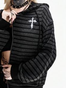 Breakform Sweat-shirt-shirt punk Sweat-shirt-shirt à capuche rayé à doublure thermique avec imprimé croix punk, convient pour les sorties décontractées - Multicolore - Voir 3