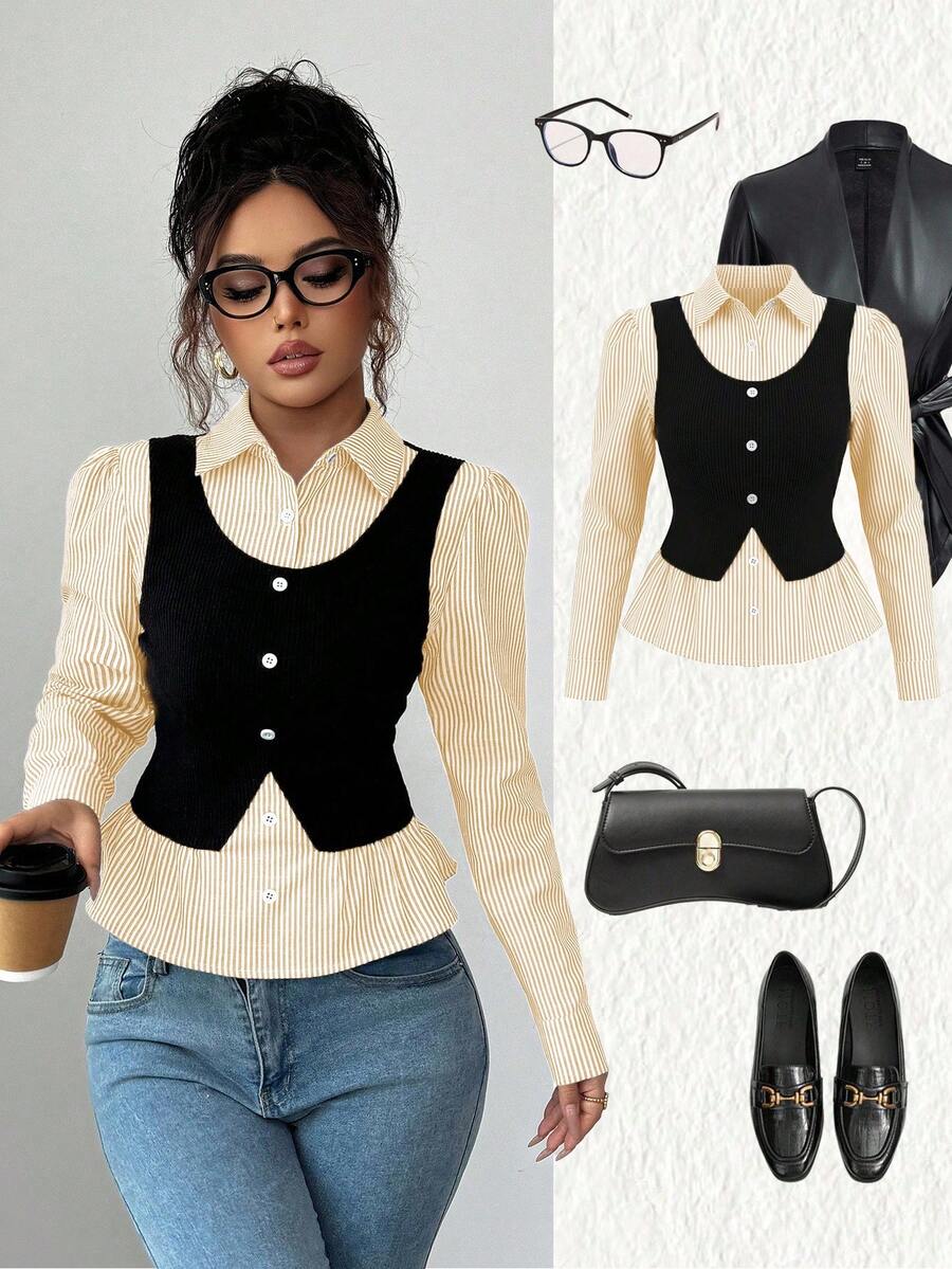 SHEIN Elenzya Áo thun nữ 2 trong 1 kẻ sọc chắp vá cài nút phía trước, mùa thu - Màu vàng - Xem 1