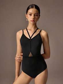 SHEIN 少女黑色芭蕾舞紧身衣，交叉绑带设计，高弹网眼面料，适合学校演出、芭蕾舞表演和舞蹈比赛。