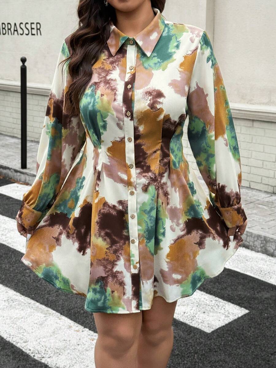 EMERY ROSE Farbblockkleid in Große Größen mit aufgeblähten Schultern, Langarm, geraffter Taille, Knopfleiste und Rüschensaum