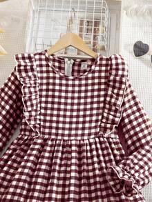 SHEIN 青少年女孩雙胞胎女孩格紋寬鬆可愛休閒格紋圖案 - 紅白色 - 查看 5
