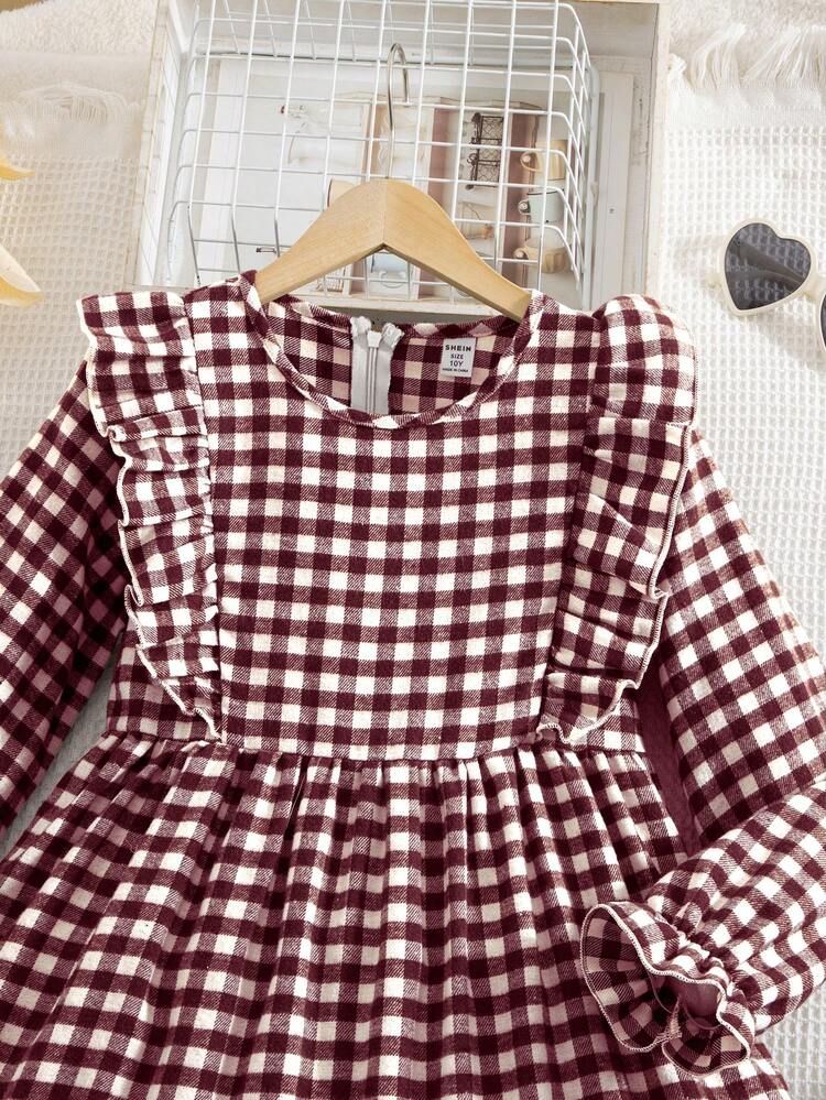 SHEIN 青少年女孩雙胞胎女孩格紋寬鬆可愛休閒格紋圖案 - 紅白色 - 查看 5
