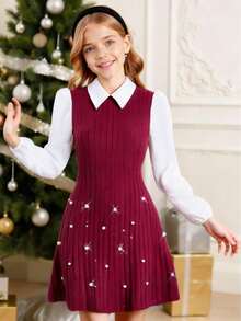 SHEIN ChillGRL Teens' Casual Patchwork Solid Color Long Sleeve Short Dress, Suitable For School, Commuting, Outing, Can Be Paired With Jackets, Coats, Windbreakers