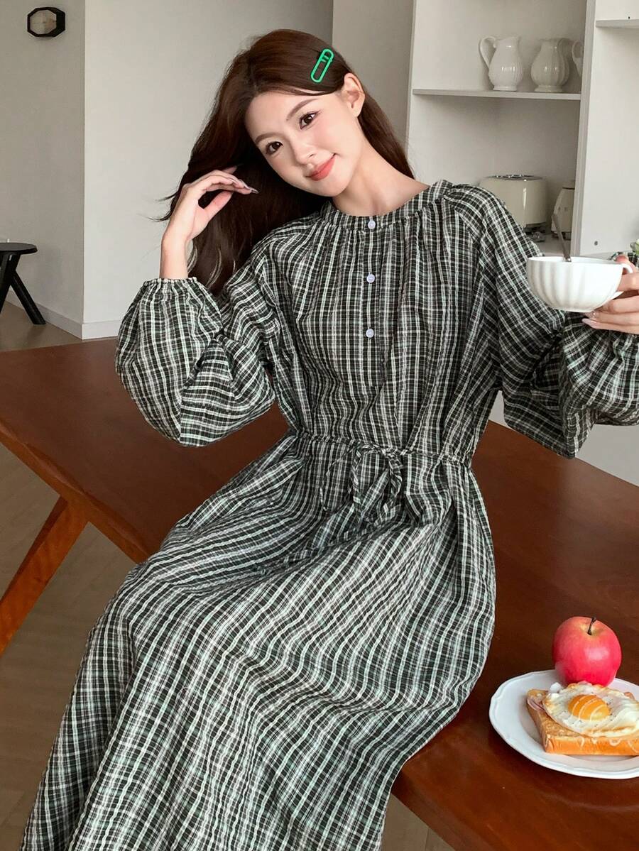 DAZY Plaid Lantern Sleeve Women's Casual Lounge Dress, Winter, Moo Moo Night Dress Pajamas - Green - View 1