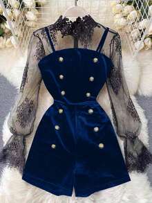 GlowEve 春夏新款黑色长袖蕾丝边饰优雅修身设计金色装饰纽扣天鹅绒连体裤，女士冬季、圣诞节、新年服装 - 藏蓝色 - 查看 1