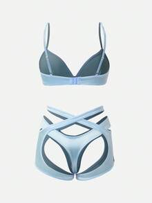 SuitURBody 女士蓝色内衣套装，含吊袜带，时尚三角杯文胸和内裤三件套，适合旅行、度假、卧室和日常穿着。 - 藍色 - 查看 5