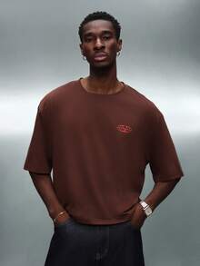 PLAYBOY X SUMWON Crop Fit Boxy Fit Crew Neck Short Sleeve Cotton Tee With Large Back Graphic Print Casual Streetwear Essential - Brown - View 2