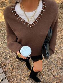 DAZY Suéter casual de mujer con adornos de strass, otoño - Café integral - Ver 1