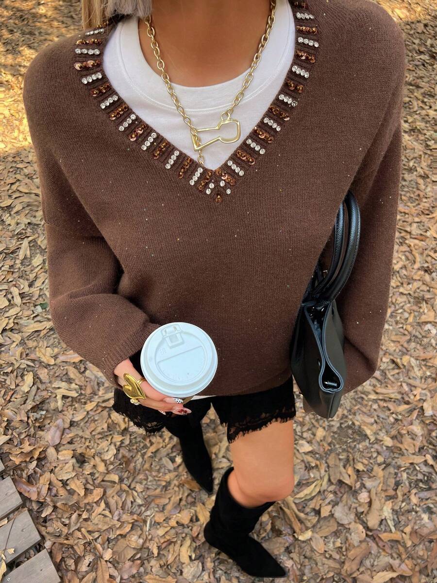 DAZY Suéter casual de mujer con adornos de strass, otoño - Café integral - Ver 1
