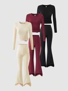 SHEIN 3件套少女休闲百搭家居服日常穿搭套装，圆领短袖长袖上衣+紧身喇叭裤针织套装，秋冬款 - 彩色 - 查看 3