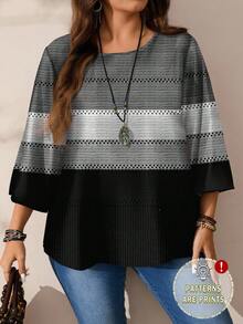 EMERY ROSE 大码女式休闲全宽黑白灰条纹印花圆领宽松七分袖衬衫，秋冬 - 彩色 - 查看 3