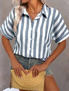 SHEIN PETITE Áo sơ mi sọc tay ngắn dệt vải thường ngày mới: Sự kết hợp hoàn hảo giữa sự thoải mái và thời trang - Màu xanh lam - Xem 5