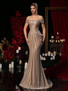 Glamrae Elegant Brown Luxurious Sequin Lace Patchwork Off-Shoulder Mermaid Hem Adjustable Tie Dress, Suitable For Dates, Vacations, Singles Parties, Weddings, Formal Occasions - Brown - View 7