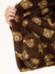 ROMWE Kawaii Cute Bear Double-Sided Fleece Print Hooded Jacket With Bear Ears Zipper Front For Women, Long Sleeve