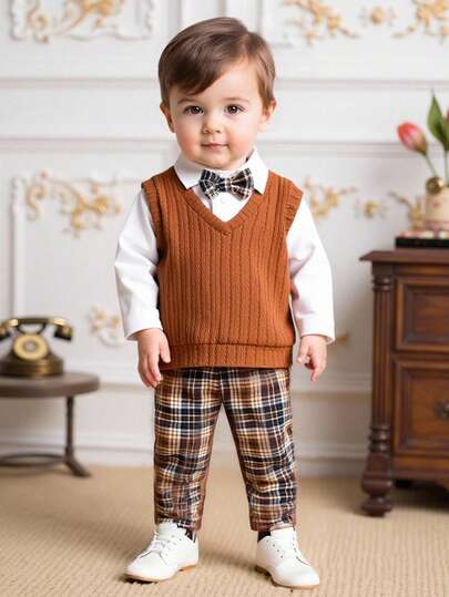 Souflis Souflis 3pcs Baby Boy Textured V-Neck Sweater Vest Set With Long Sleeve Shirt And Red Plaid Pants, Elegant Outfit Suitable For Christmas, Halloween, Parties And Other Autumn/Winter Occasions Baby Boys Holiday Wedding Dress Gentleman Outfit Toddler Brown Baby Boy Outfit Long Sleeve Shirt Top Vest Bib Pants Bow Tie Toddler