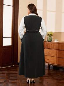 SHEIN Clasi Đầm sơ mi dài tay kiểu Pháp dáng dài màu sắc cổ điển sang trọng, cỡ lớn - màu đen - Xem 2