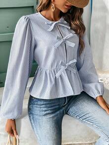 SHEIN Frenchy Breathable Comfortable Striped Cotton-Like Women's Shirt Winter - Blue and White - View 6