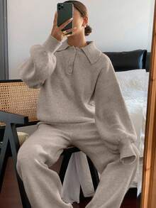 Livesso Women's Casual Collared Sweater And Pants 2 Pieces Set, Autumn