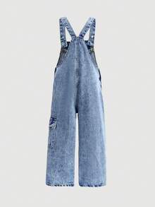 SHEIN 小女孩可爱双色卡通兔子图案蓝色牛仔宽松背带裤 - 淺色水洗藍 - 查看 7