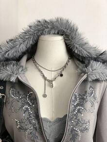 SHEIN Teen Girls Rhinestone & Faux Fur Collar Printed Vintage Collegiate Sweatshirt Jacket