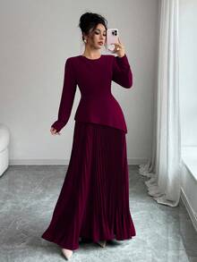 Elenzga Olive Green Asymmetrical Hem Layered Long Sleeve Round Neck Elegant Commuter Versatile Pleated Dress, Autumn/Winter - Burgundy - View 3