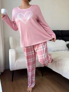 Slumberry CURVE Bộ đồ ngủ tay dài họa tiết kẻ caro hình trái tim cỡ lớn dành cho nữ, trang phục mùa thu đông - Nhiều màu - Xem 6