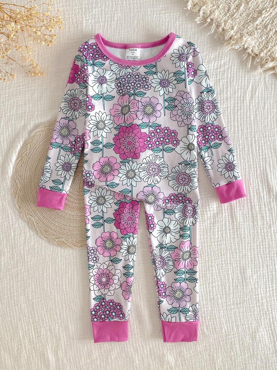 SHEIN Vintaside Kids 女童柔软舒适碎花睡衣套装,优雅可爱的长袖上衣和裤子,休闲家居服 - 紫色 - 查看 1