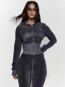 MUSERA Zip Through Fitted Ribbed Snatched Underbust Hooded Velour Sweatshirt Only Night Out Cute - Dark Grey - View 5