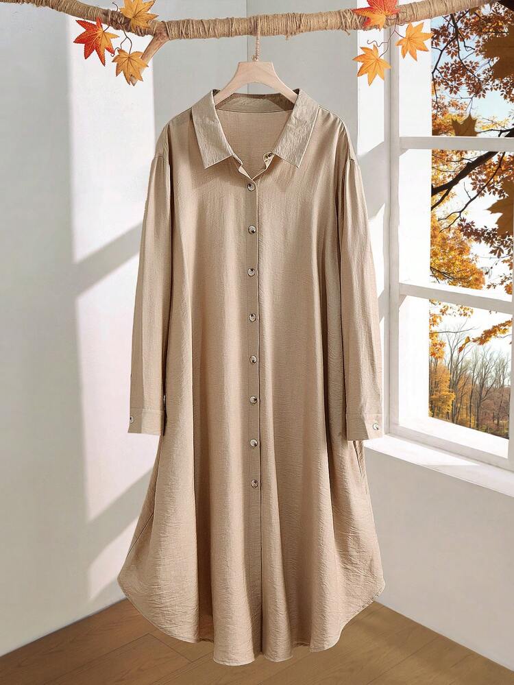 Plus Size Women's Country Casual Apricot Solid Color Mid-Length Shirt Dress, Autumn/Winter,Going Out Outfits,2025 New Clothes,Simple And Fashionable For Everyday Wear, Plus Size Winter Clothes,New Year Dress,Flowy Dress,Christmas Outfit For Women ,New Year Clothes