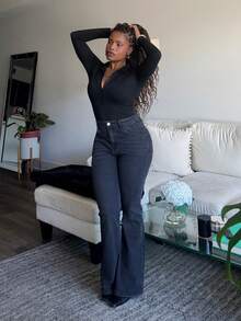 Tyla Gomez High Waist Flare Leg Jeans Women Stretchy Bootcut Y2k Streetwear Casual Vintage Fashion Clothes Outfits Grey - Grey - View 5