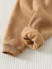 Cozy Pixies 2pcs Baby Boy Cartoon Bear Pattern Knit Soft Patchwork Brown Plaid Round Neck Long Sleeve Pullover Sweatshirt And Elastic Waist Long Pants Set - Khaki - View 3