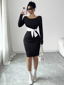 Rafferiza Váy midi trễ vai phối màu thanh lịch và tinh tế dành cho nữ, phong cách cao cấp, Thu/Đông - Đen và trắng - Xem 7