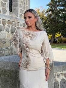 Jeta Ari Off-Shoulder Embroidered Linen Dress For Women - Apricot - View 5