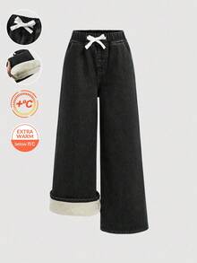 SHEIN Celana Jeans Biru Denim Longgar Model Basic untuk Remaja Perempuan, Lapisan Termal, Musim Gugur/Dingin - Hitam - View 2