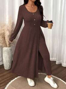 SHEIN LUNE Plus Size Women Solid Color Fuzzy Ribbed Minimalist Casual Autumn/Winter Top And Slim Fit Pants Set - Rust Brown - View 4