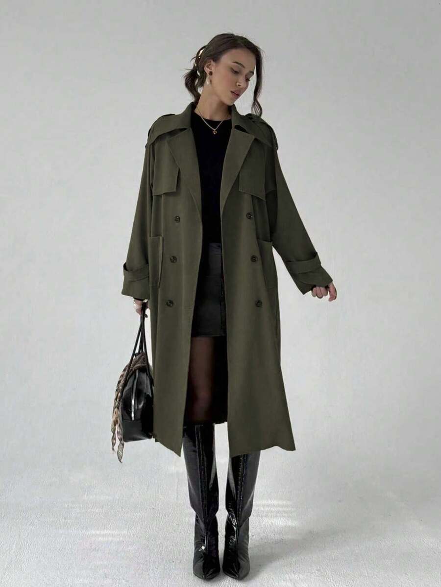 Aloruh Áo khoác trench coat cổ ve lật tay dài hai hàng khuy trơn màu dành cho nữ mùa thu/đông - màu xanh lá - Xem 1
