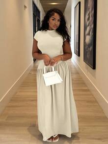 Alexandranx 简约优雅日常穿着别致纯色短袖修身立领不对称 A 字收腰长裙，女士休闲褶皱无袖立领修身长款卡其色蝙蝠袖拼色，纯色 A 字女式长裙，春夏，休闲日常穿着 - 卡其色 - 查看 5