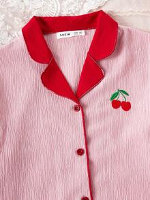 2pcs/Set Girls' Minimalist Cherry Embroidery Ruffle Trim Comfortable Loose Pajama Set