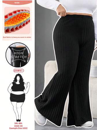 SHEIN CURVE+ Plus Size Women Black Ribbed Flare Leg Pants, Autumn/Winter