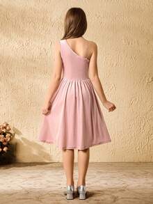 Tween Girls Elegant Velvety Pink Dress With Asymmetric Sequin Cutout Waist Design, Snug Fit - Pink - View 2