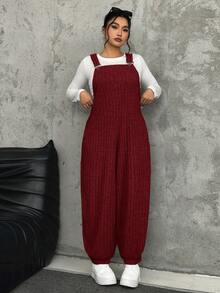 SHEIN EZwear 大码酒红色弹力抓绒罗纹背带裤，秋冬季