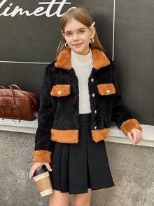 MODELY Tween Girl Girls Plush Jacket, Colorblock Long Sleeve Faux Fur Collar Jacket, Casual Wear For Autumn/Winter - Black - View 5