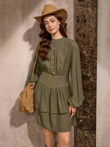 Wildy Women's Casual Textured Ruffle Hem Mini Dress, Suitable For Everyday Wear In Autumn/Winter - Green - View 6