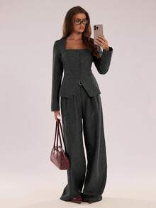 SHEIN BAE Distinctive Square Collar Design Office Blazer - Dark Grey - View 5