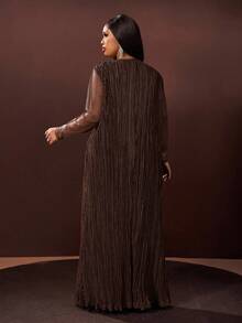 Veslaya 秋冬新品，优雅百搭，适合派对、约会、晚宴、毕业典礼、生日、婚礼等场合，宽松纯绿色网纱拼接长袖A字褶皱长裙，大码 - 圣诞连衣裙 - 棕色 - 查看 2