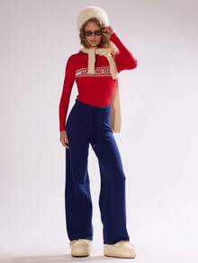 MUSERA 高领“滑雪俱乐部”针织条纹修身套头衫 秋冬滑雪度假休闲假日毛衣 - 紅色 - 查看 5