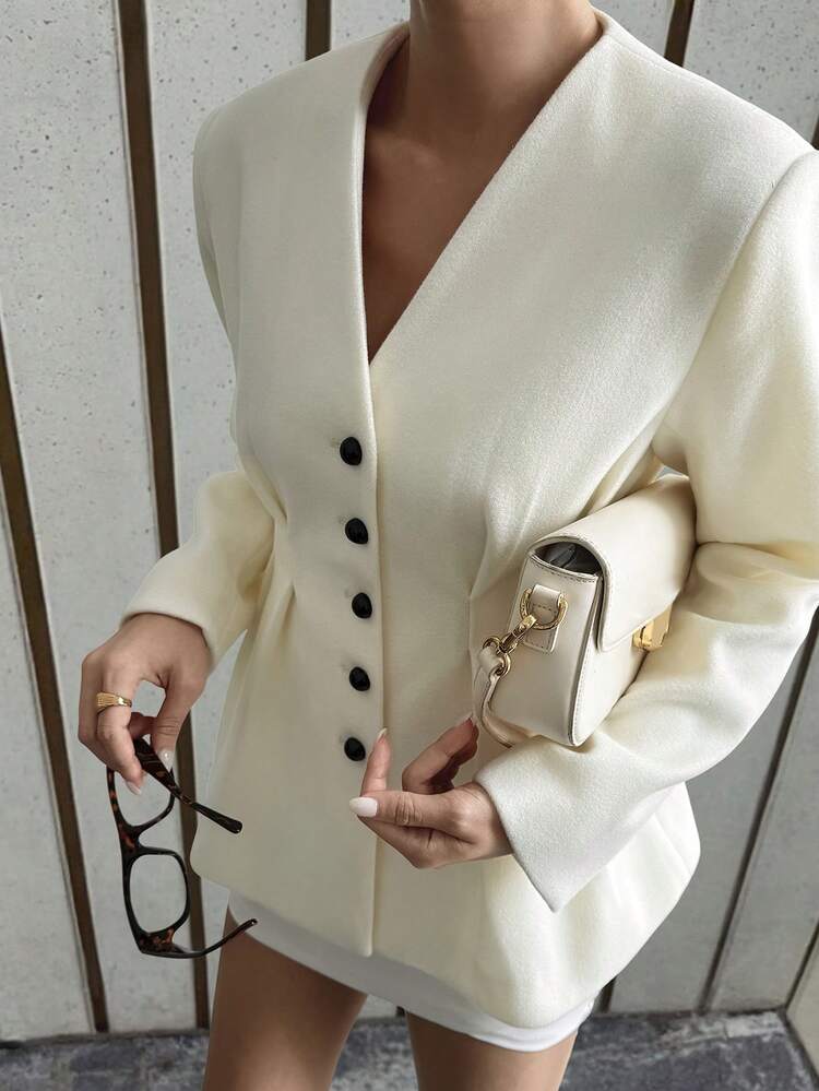 Women's Elegant Solid Color V-Neck Pleated Regular Jacket, Autumn Women Coats